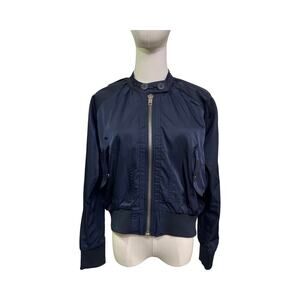Free People Satin Bomber Jacket Navy Blue Size XS Lightweight Zip Front
